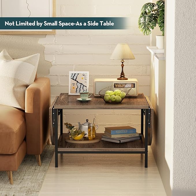 SAYGOER Folding Coffee Table for Living Room, Small Coffee Tables with 2-Tier Storage, Mid Century Modern Center Table for Small Space, Farmhouse Table Square, Dark Brown