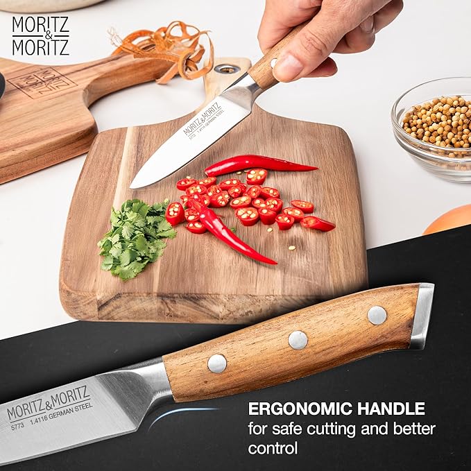 Moritz & Moritz 4-Inch Paring Knife, German Stainless Steel Blade with Acacia Wood Handle, Precision Fruit and Vegetable Knife, Small Kitchen Knife for Cutting, Peeling, Chopping