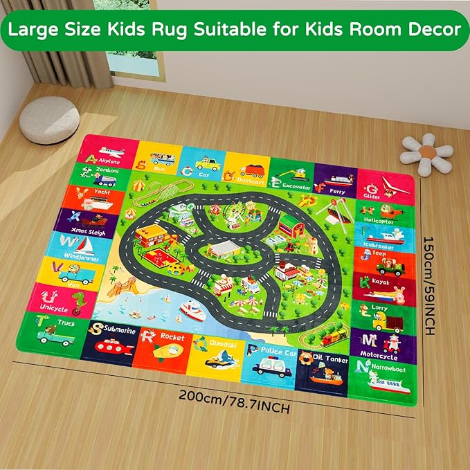 Kids Rugs Traffic Road Carpet Play Rug 78.7"×59" for Playroom Transportation ABC Educational Mat Alphabet Area Rug, Kids Playtime Collection Toddler Car Track Rug Cute Cartoon Animal Letters