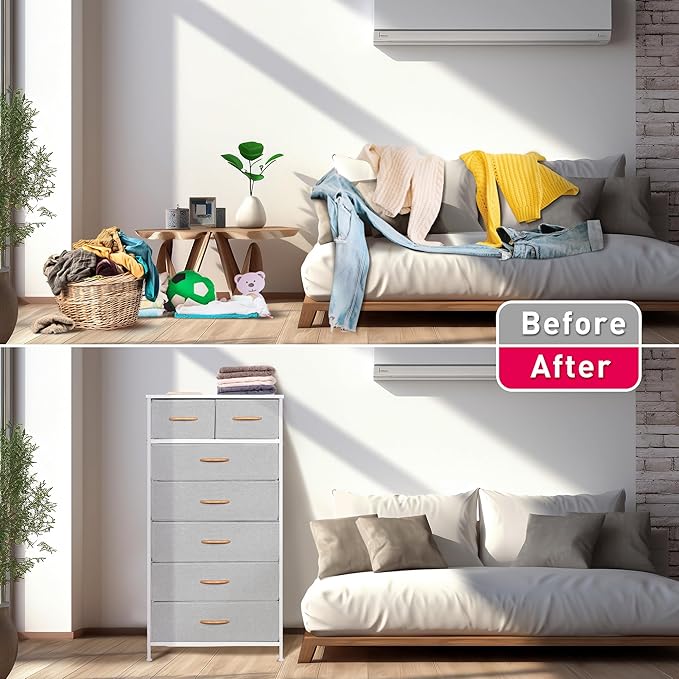 Tall Dresser for Bedroom, Vertical Storage Organizer Tower with 7 Drawers, Chest of Drawers with Fabric Bins, Steel Frame, Wood Top for Bedroom, Closet, Entryway- Light Grey