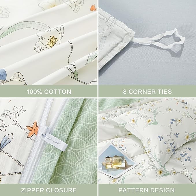 SAPHREAS Twin Size Duvet Cover Set 2pcs White Fresh Floral Pattern Bedding Comforter Cover Set 100% Cotton 1 Duvet Cover 68"x90" 1 Pillow Sham, Comforter Not Included