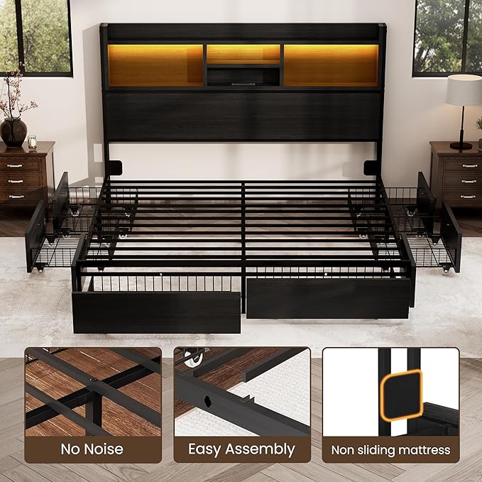King Storage Bed Frame with 6 Drawers, USB Charging Station, No Noise, No Box Spring Required, Vintage Black Headboard Platform Bed
