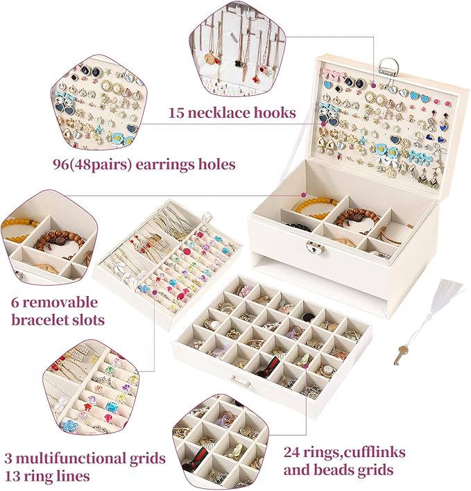 BOOVO Earring Jewelry Box For Women Girl Stud Organizer, 5 Layers Girl Jewelry Organizer Box With Lock Earring Holder Organizer Necklace Ring Jewelry Organizer Box For Girls (White, 5 layer)
