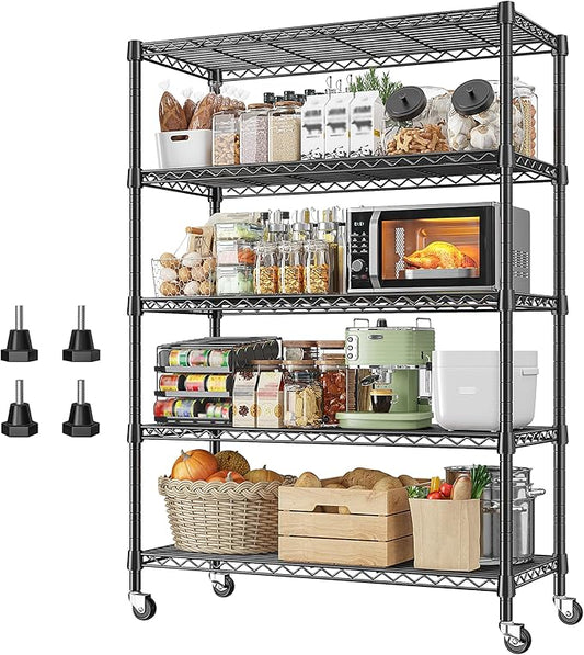 REIBII 73''H Storage Shelves 1660LBS Wire Shelving Unit with Wheels 5 Tier Metal Shelving,Heavy Duty Metal Shelves for Storage Rack,73''HX35''WX15''D