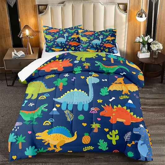 Cute Cartoon Dinosaur Bedding Set, Ultra Soft Full Size Comforter Set for Boys, Lovely Dinosaur Printed Comforter for Kids Teens, Dark Blue Microfiber Quilt for All Season 3Pcs with Pillowcases