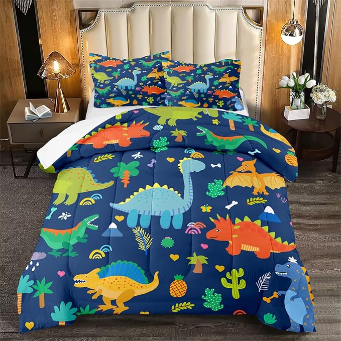 Cute Blue Dinosaur Comforter Set for Kids Teens - Queen Size, Soft Breathable All Season Quilt 3Pcs with 2 Pillowcases