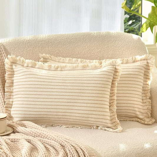 ZWJD Throw Pillow Covers 12x20 Set of 2 Striped Pillow Covers with Fringe Chic Cotton Decorative Pillows Square Cushion Covers for Sofa Couch Bed Living Room Farmhouse Decor