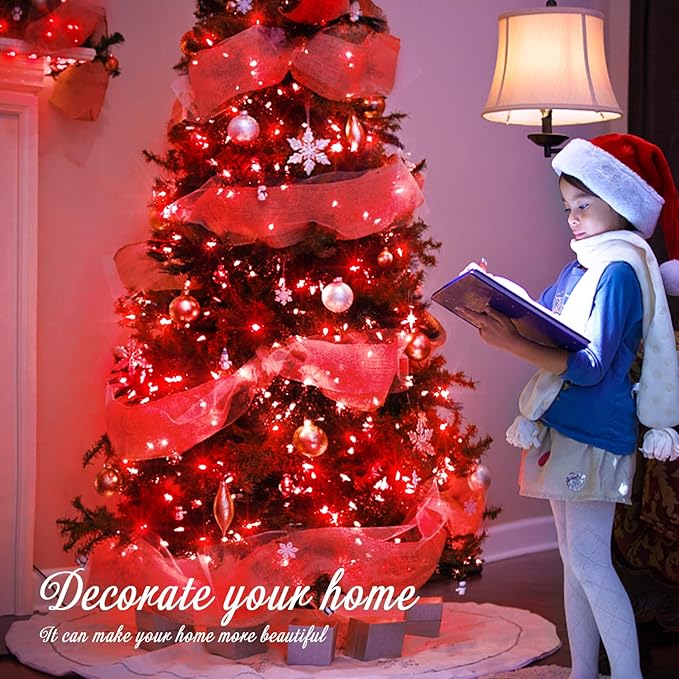 JMEXSUSS Red Christmas Lights Outdoor Indoor, 66ft 200 LED Red String Lights Clear Wire, 8 Modes Xmas Twinkle Fairy Light Plug in for Tree Room Party Christmas Decorations