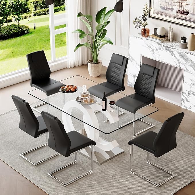63'' Glass Dining Table Set for 6, Kitchen Table Chairs Set of 6, Clear Glass Dining Table with White unique design Leg and Silver Metal Base, 6 PU Dining Chairs with Metal Legs, Living Room, Kitchen.