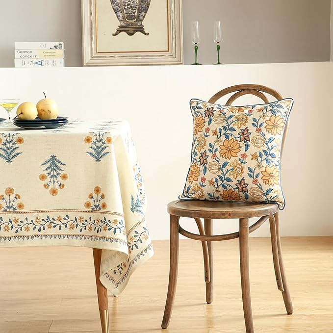 Design Square Simple Elegant Linen Throw Pillow Covers 18"x18" Pack of 2, Blue Yellow Floral Pattern Cushion Covers Decor Pillowcases for Bed,Living Room,Outdoor,Car