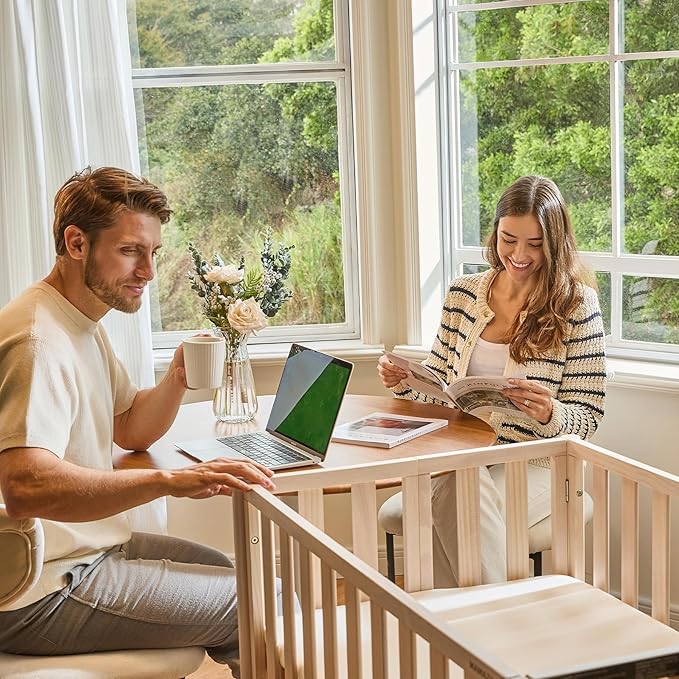 EvoNook 6-in-1 Convertible Mini Crib, 100% New Zealand Wood, 4 Adjustable Mattress Heights, Crib with Mattress, Washed Natural