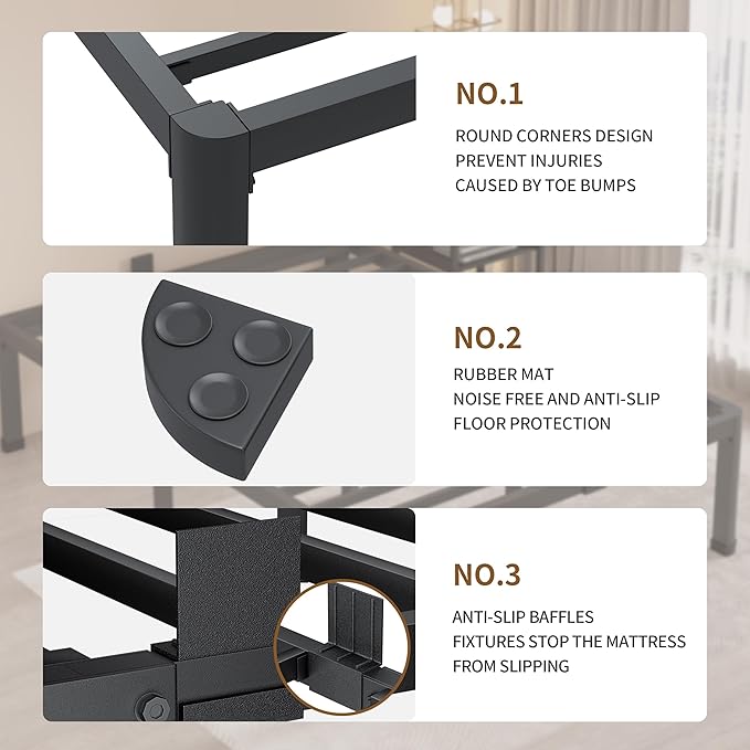 MAF 20 Inch Full Size Bed Frame with Round Corner Legs Mattress Slide Stopper No Box Spring Needed Heavy Duty Metal Platform Bed Frames Under-Bed Storage Space, 3000 LBS Steel Slats Support