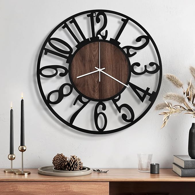 Maxstar Wall Clock Battery Operated,Silent Non-Ticking Modern Rustic Metal Round Clocks Small for Living Room/Bedroom/Office/Kitchen/Farmhouse Home Decor-16 Inch(Brown-Wood)