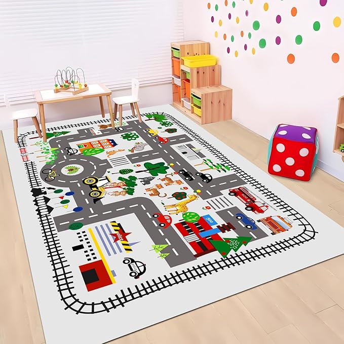 Kids Car Playmat, Kids Rug for Playroom Car Mat Town City Road Traffic Rugs, Play Mat for Floor, Extra Large Boys Kid Car Track Play Rug (Style Five, 59X 39.4 INCH)