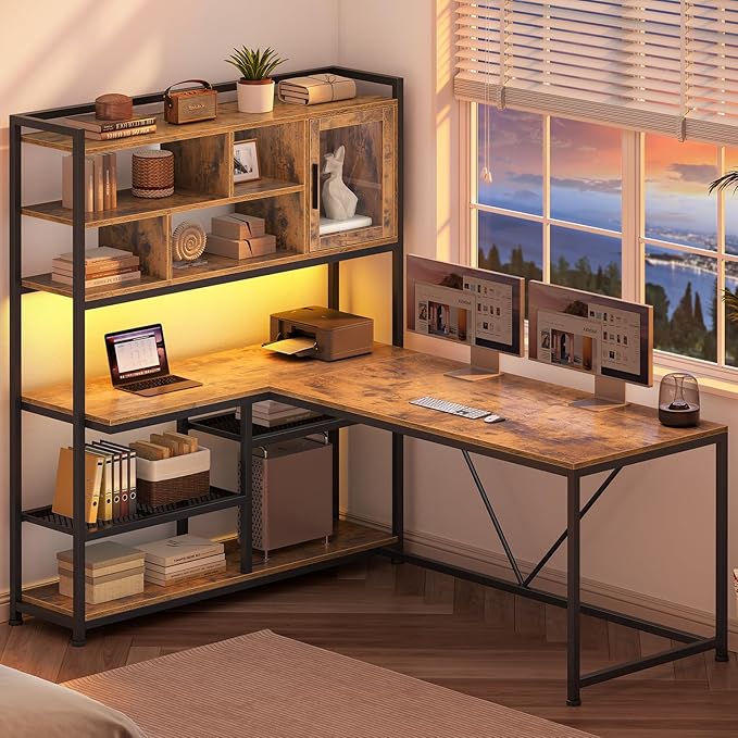 SEDETA L Shaped Computer Desk, 58'' Office Desk with LED Light and Bookshelf, L Shaped Corner Desk with Storage Shelves for Home Office, Gaming Desk, L Desk, Rustic Brown