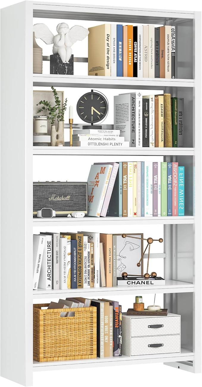 Metal Bookshelf, 5-Tier White Bookcase, 69.3" Tall Book Shelf, Modern Storage Display Shelves for Bedroom, Living Room, Office, School & Kitchen