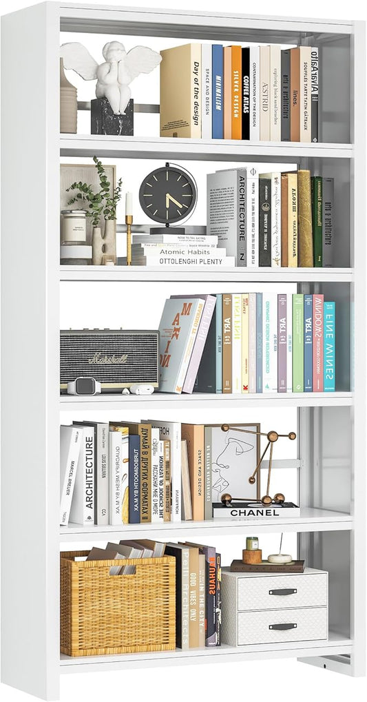 Metal Bookshelf, 5-Tier White Bookcase, 69.3" Tall Book Shelf, Modern Storage Display Shelves for Bedroom, Living Room, Office, School & Kitchen