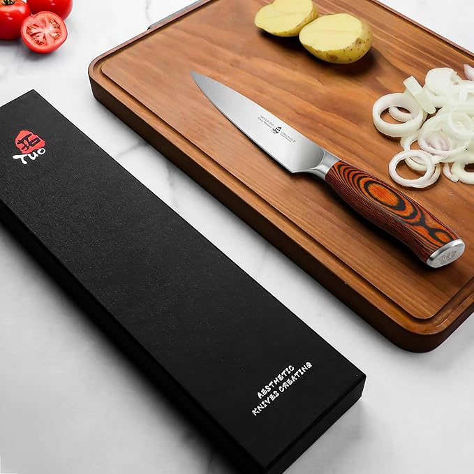 TUO Utility Knife, 5 inch Small Kitchen Knife for Paring & Slicing, with Ergonomic Pakkawood Handle, High Carbon German Stainless Steel - Fiery Phoenix Series