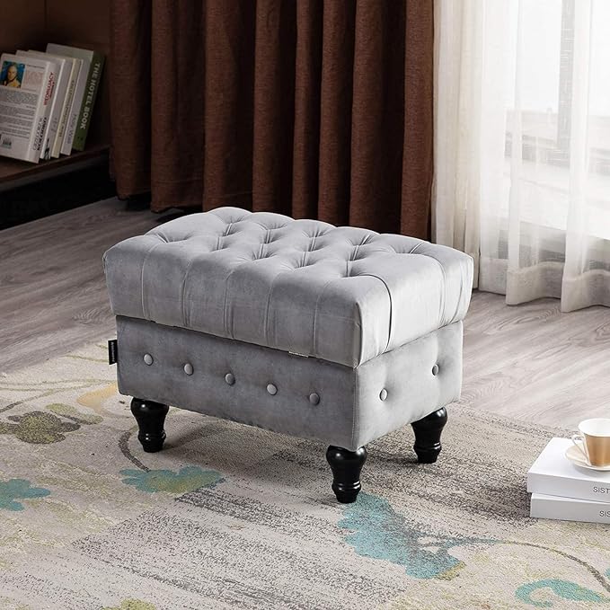 Artechworks Rectangular Storage Coffee Table Ottoman,Button Tufted Upholstery Footstool Bedroom Ottoman for Living Room, Home Office, Space-Saving Storage Toy Box Stool, Grey