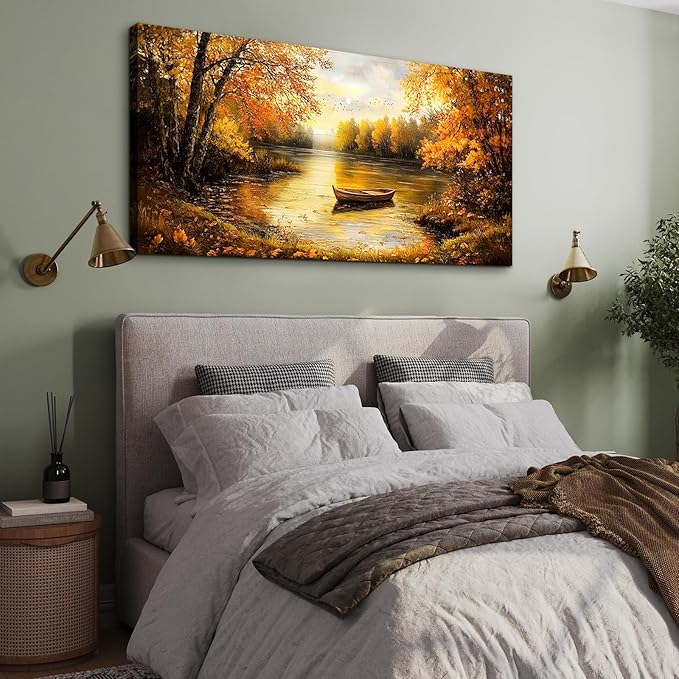 SERIMINO Fall Landscape Large Canvas Wall Art Living Room, Lake Boat Forest Art Prints, Autumn Scenery Nature Decor Pictures, Rustic Gold Paintings Wall Decor Bedroom, Office Decor 30"X60"