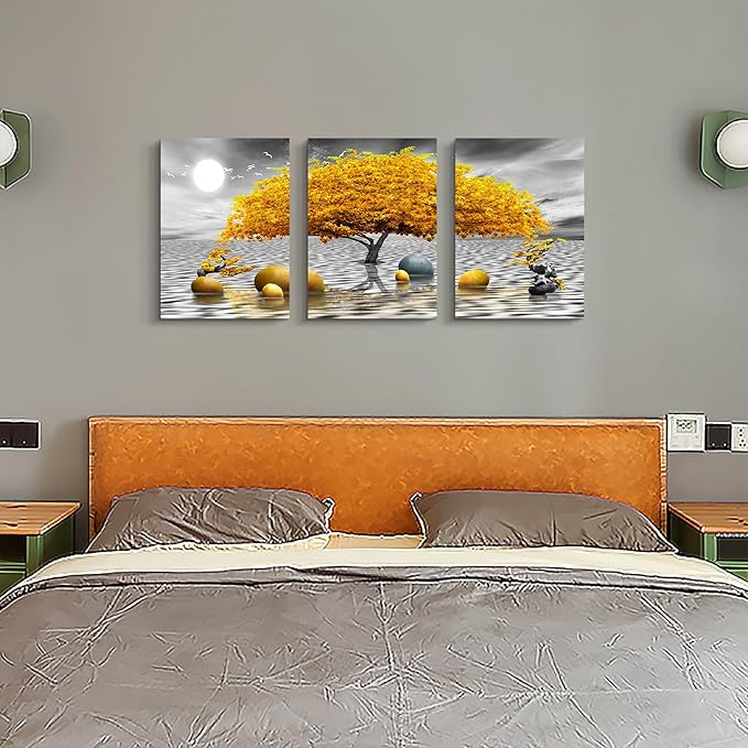Wall decorations for living room Canvas Wall Art for bedroom Abstract wall decor Black and white Canvas Art Yellow tree paintings bathroom Home Decoration 3 Piece Hang Pictures Office Wall Artworks