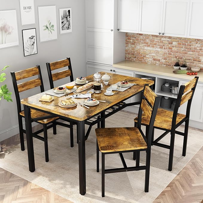 Hooseng Dining Table Set for 4, Wood Kitchen Table Chairs Set with Storage, Farmhouse 5 Piece Dining Room Table Set, Space-Saving Dinette Set for Breakfast Nook, Apartment