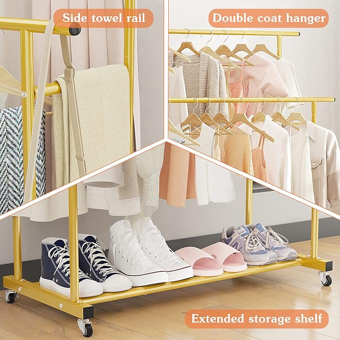 Calmootey Double Rod Clothing Garment Rack,Rolling Hanging Clothes Rack,Portable Clothes Organizer for Bedroom,Living Room,Clothing Store,Gold