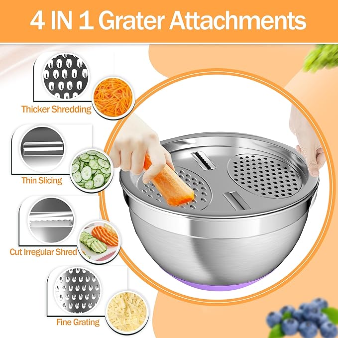 Mixing Bowls with Airtight Lids, Stainless Steel Mixing Bowl Set with 3 Metal Nesting Bowls, Colander & Grater, Non-Slip Bottoms, Size 1.5, 2.5, 6 QT, Great for Mixing & Serving, Mutilcolor