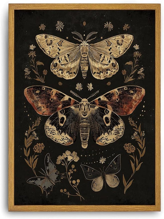 Djmwtb Vintage Framed Wall Art Moth Canvas Wall Art Prints Gothic Floral Painting Boho Dark Academia Pictures Wall Decor Artwork for Living Room Bedroom Bathroom Office 8x10in