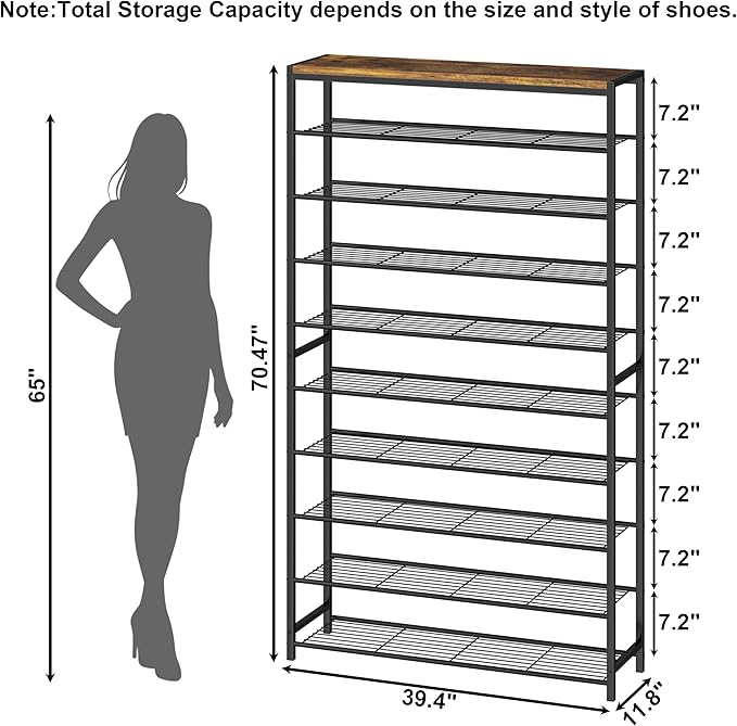 HOMEFORT 10 Tiers Shoe Rack Organizer,39.4" Shoe Storage Shelf for Closet, Shoe Rack for Entryway,Holds 45-50 Pairs of Shoe, Tall Shoe Stand with Metal Shelves and MDF Top Board,Rustic Brown