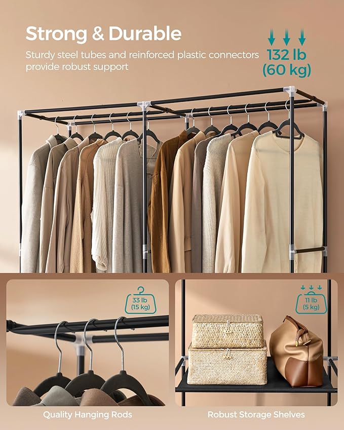 SONGMICS Portable Closet Wardrobe with Shoe Rack and Cover, Closet Storage Organizer, 2 Hanging Rods, Shelves, and 4 Side Pockets, 50 x 17.7 x 69.3 Inches, Spacious for Bedroom, Black URYG008B02