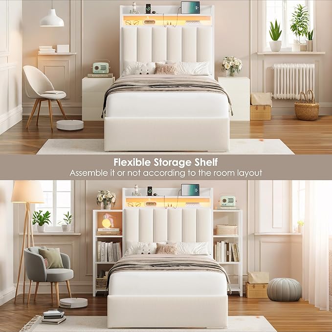 Keyluv Twin Bed Frame with Storage Headboard & Charging Station, Upholstered LED Platform Bed with Bedside Storage Rack & Drawer, Metal Slat Support, No Box Spring Needed, Velvet Fabric, White