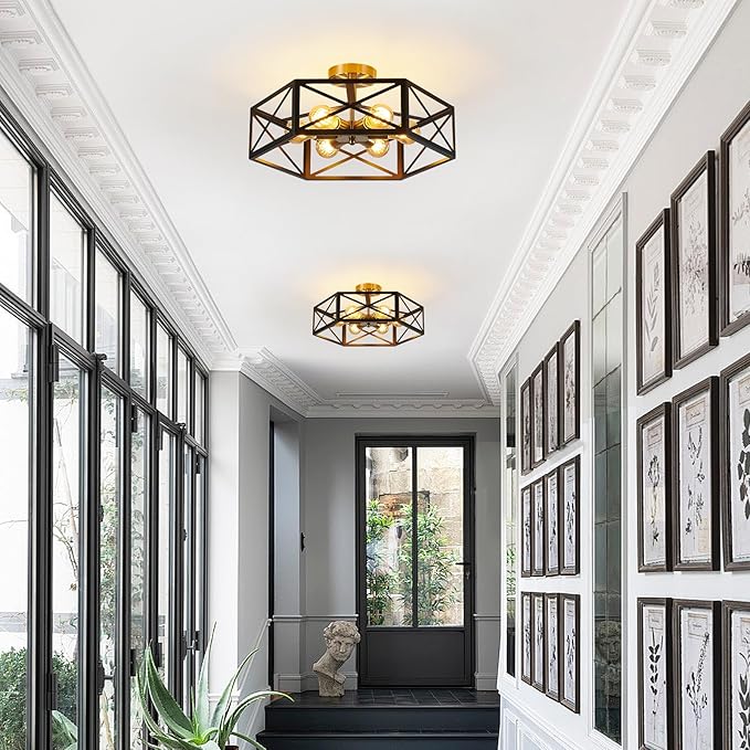 6 Light Semi Flush Mount Ceiling Light, Black Gold Ceiling Light, Industrial Hallway Light Fixtures Ceiling Mount, Modern Metal Hexagon Cage Ceiling Lamp for Kitchen, Bathroom