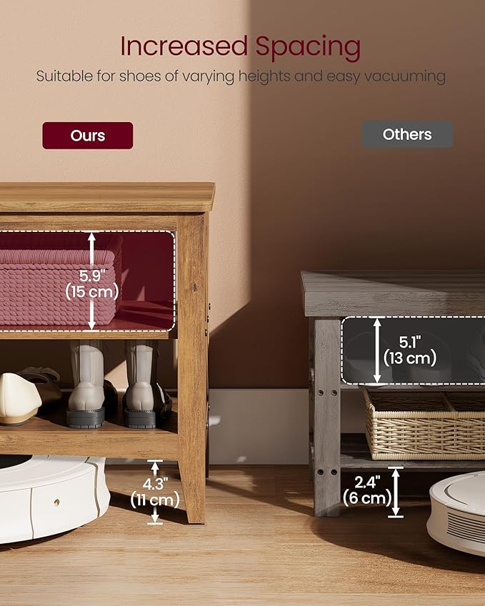 VASAGLE, Entryway Storage Bench, 2-Tier Shoe Rack, 11.8 x 39.4 x 18.9 Inches, Holds up to 600 lb, Farmhouse Style, for Living Room, Bedroom, Honey Brown ULSB153K41