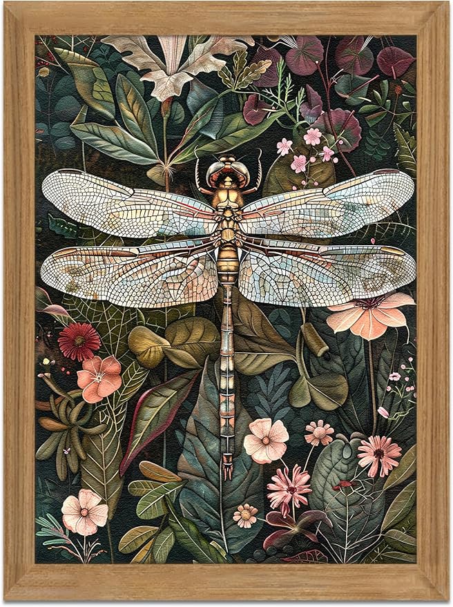 Framed Vintage 3D Textured Wall Art - Dark Green Dragonfly Flowers Wall Decor - Hand Drawn Sandstone Nature Botanical Pictures for Living Room Bedroom Home Decor 16x24in