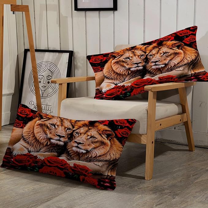 Kids Adults 3D Animal Comforter Set Queen, Soft Wildlife Lion Red Rose Print Bedding Set Theme Design Animal Print Bedding Set for Kids Youth Adults, Modern Brown Lion Quilt Cover Decor Room
