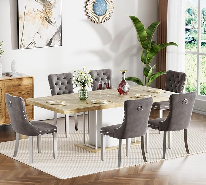 Goujxcy 78.7" Farmhouse Extendable Dining Room Table Set for 6, 7-Piece Rectangle Kitchen Dining Room Table Set with Wood Base and 6 Grey Velvet Dining Chairs, Extending Kitchen & Dining Table Set