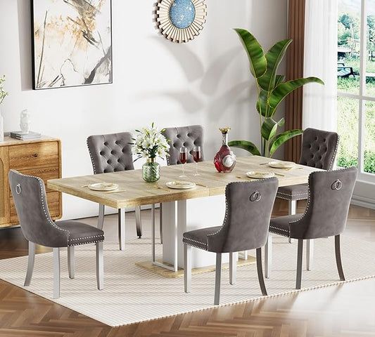 Goujxcy 78.7" Farmhouse Extendable Dining Room Table Set for 6, 7-Piece Rectangle Kitchen Dining Room Table Set with Wood Base and 6 Grey Velvet Dining Chairs, Extending Kitchen & Dining Table Set