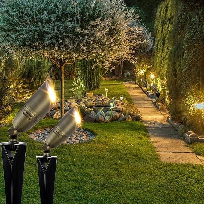 Solid Brass Landscape Spotlight 12V Low Voltage Waterproof Outdoor Lights 6 Packs with Ground Spike for Yard Garden Patio Walkway Driveway Porch