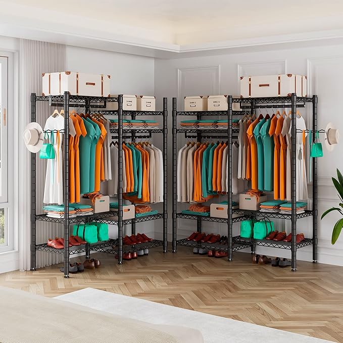 PUNION Clothing Rack 7 Tiers Heavy Duty Clothes Rack with 2 Hanging Rods, Wire Garment Racks for Hanging Clothes, Large Portable Metal Wardrobe Clothes, 48"L X 16"W X 77"H, Max Load 620lbs Black, GR7E