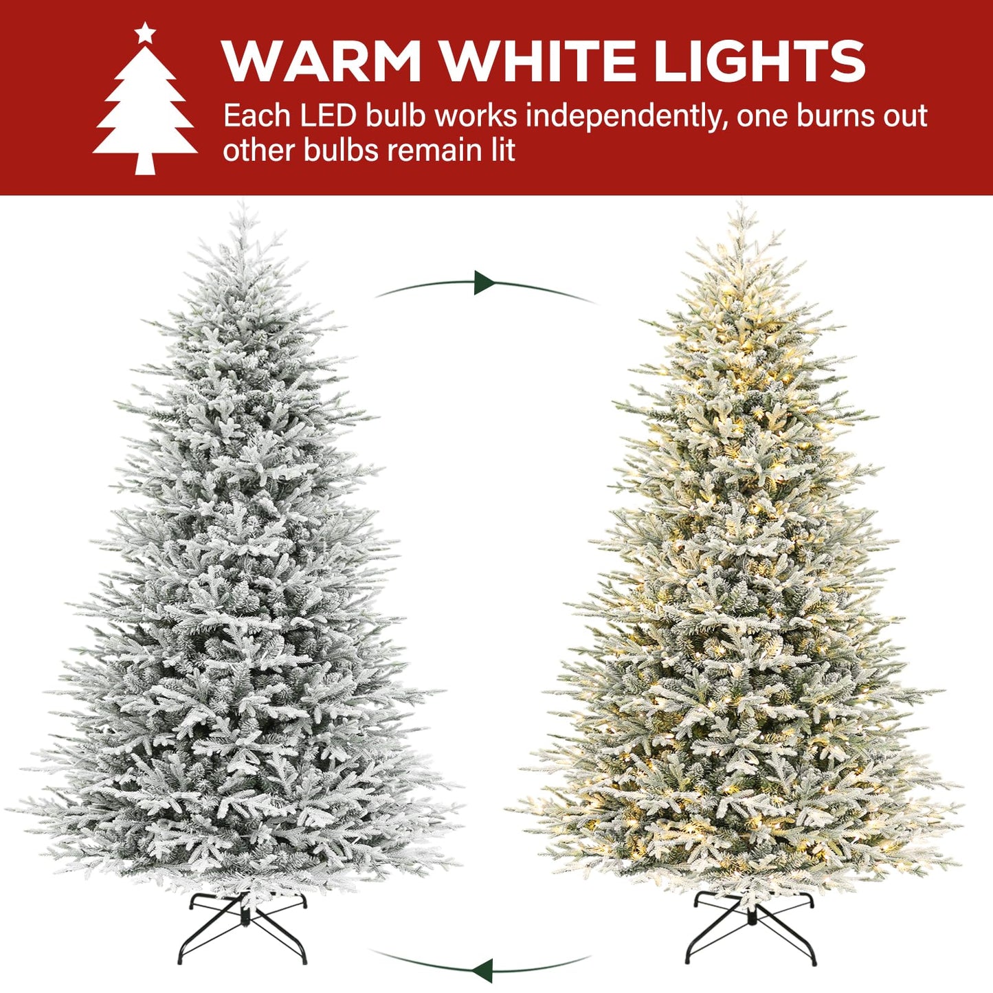 Hykolity 7.5 ft Prelit Snow Flocked Christmas Tree, 2933 PE&PVC Realistic Branch Tips, Artificial Twinkling Christmas Tree with 450 Warm White LED Lights, Metal Stand and Hinged Branches
