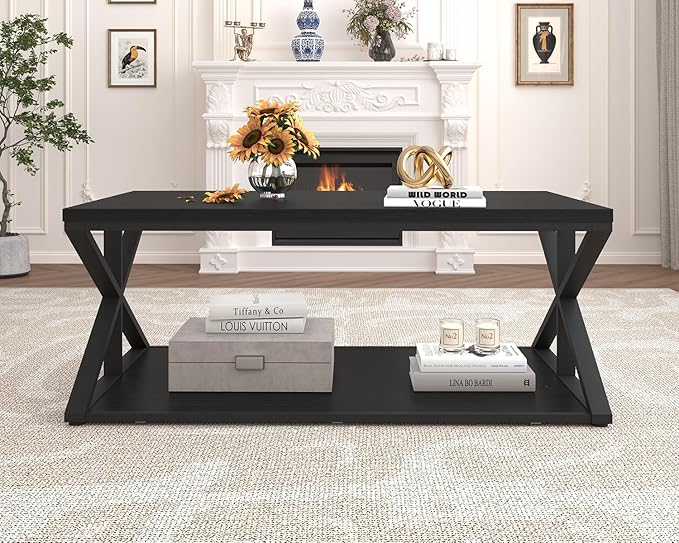 Launica Modern Coffee Table with Storage, Farmhouse Living Room Table, Minimalist Rectangle Center Table, Industrial Vintage Wood Tea Table, 39 Inch, Black Oak