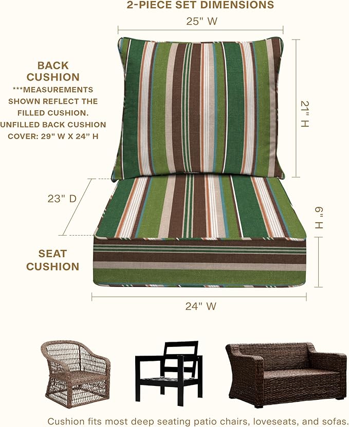 Honeycomb Outdoor Deep Seat, 24 x 23, Stripe Pine Green Chair Cushion for Patio Furniture