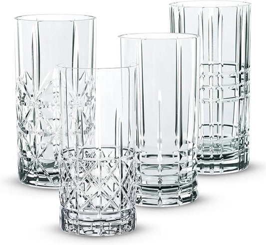 Nachtmann Highland Collection Crystal 6” Long Drink Glasses, Set of 4, With Different Glass Patterns, For Cocktails or Non- Alcoholic Beverages,445 ml, Dishwasher Safe