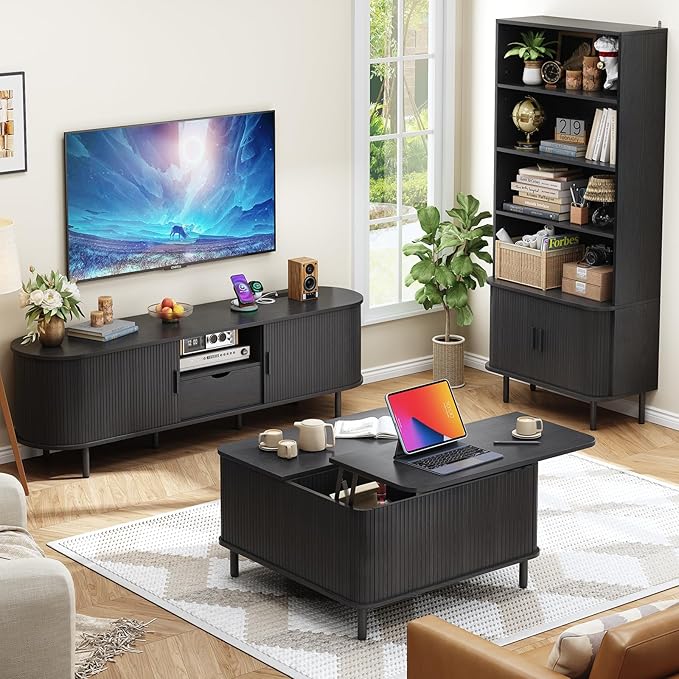 71" Tall Bookshelf, 4-Tier Bookcase with Storage Cabinet & Adjustable Shelves, Floor Standing Wooden Bookshelf with Sliding Door and Adjustable Footpad, for Home Office, Living Room, Black