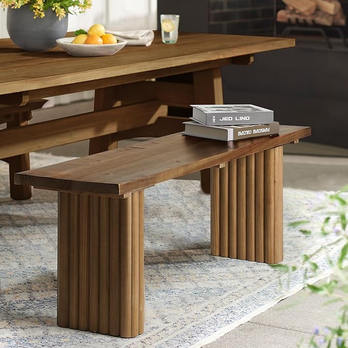 Solid Wood Entryway Bench - 43.3" Fluted Farmhouse Bench, Indoor Long Dining Benches Seat Narrow End of Bed Benches for Entry Way, Kitchen, Living Room and Bedroom, Brown