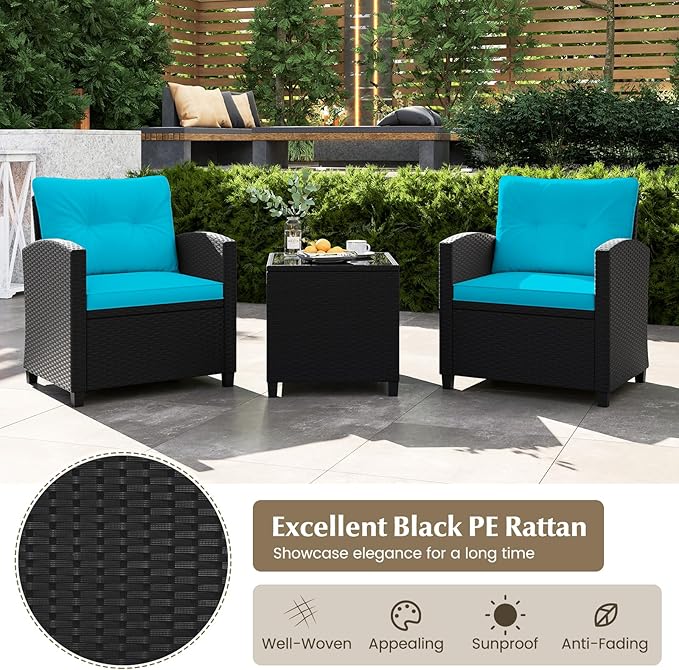 RELAX4LIFE 3-Piece Patio Furniture Set - Wicker Rattan Bistro Sofa Set w/Glass Top Coffee Table, Washable Cushions for Porch Balcony Backyard Poolside, Outdoor Furniture Conversation Set (Turquoise)