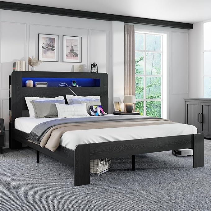 Full Size Wooden Bed Frame with Bookcace Storage Headboard, Rustic Farmhouse Bedframe with LED Lights and Charging Station, Sturdy and Stable, Slat Support, No Box Spring Required (Black, Full)
