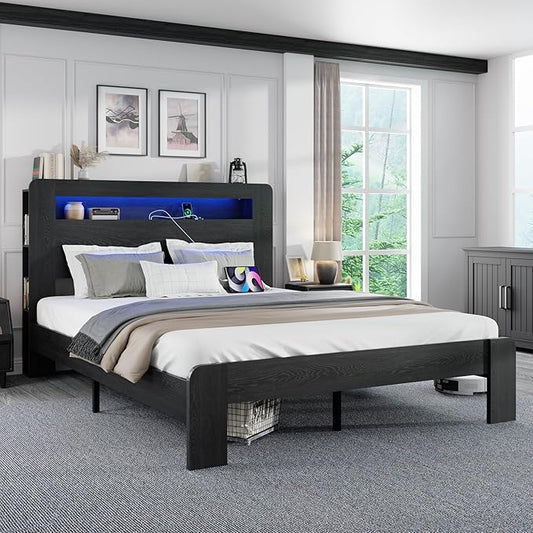 Full Size Wooden Bed Frame with Bookcace Storage Headboard, Rustic Farmhouse Bedframe with LED Lights and Charging Station, Sturdy and Stable, Slat Support, No Box Spring Required (Black, Full)