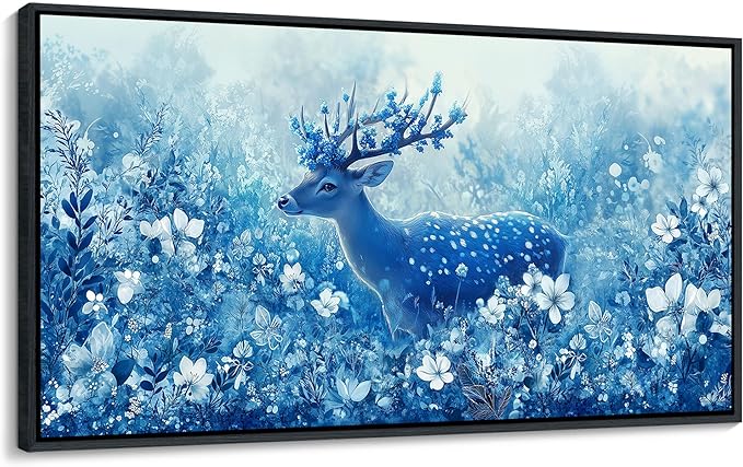 JEAWA Framed Canvas Wall Art - Extra Larte Spring Landscape Flower Wall Painting with Reindeer in Forest 24x48 IN Wildlife Deer Picture Wall Decor for Living Room Bedroom Kitchen Office Bathroom